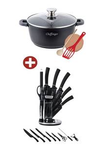 KESSMANN Topf-Set Aluguss Topf 28cm mit Deckel 7-tlg Antihaft Induktion Topfset Bräter, Aluminiumguss (Alle Herdarten, 16-tlg., 2 Griffe 1 Pfannenwender 1 Untersetzer 1 Holzlöffel + 9tlg Messerset), Antihaft Topfset Induktionsgeeignet Fleischtopf Bräter P 