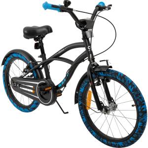 Actionbikes Motors Actionbikes Kinderfahrrad Cruiser 18 Zoll, schwarz, Fahrradständer, Antirutschgriffe, Lenkerschutz (Schwarz/Blau) 