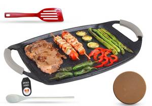 Otto KESSMANN Grillplatte Induktion XL Grillplatte Ø 47cm Bratplatte BBQ Grill alle Herdarten (Inklusive 1 Pfannenwender + 1 Kork Untersetzer + 1 Kochlöffel, 4-St., zum Aufsetzen auf Holzkohlegrill, Gasgrill, Ofen, Herd, Campinggrill), Plancha Grillpfanne Koch 