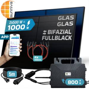 SUNNIVA ® 1000W Balkonkraftwerk BIFAZIAL FULLBLACK komplett Steckdose ASTRO-E 800W Wechselrichter, PV Solaranlage, 2x 500W Glas-Glas Solarmodule, inkl. 5m Kabel, Bluetooth WIFI, Komplettset 