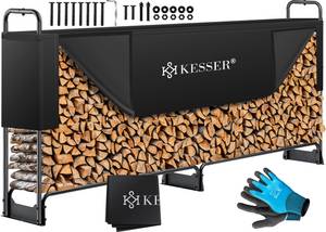 Kesser ® Kaminholzregal Metall Brennholzregal außen Stahlrahmen + Abdeckung & Handschuhe Kaminholzunterstand 200kg Wasserdichter Holzlager Holzstapelhilfe für Garten Terrasse 