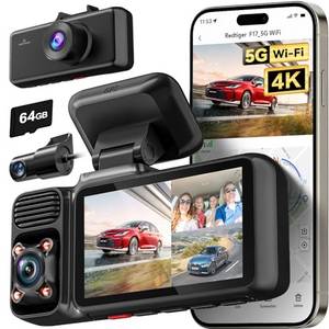  REDTIGER 4K 3-Kanal Dashcam Auto 5G WiFi mit integriertem GPS und 64GB Karte, 2160P+1080P+1080P Vorne und Hinten sowie Innen, Loop-Aufzeichnung, 3-Zoll-Bildschirm, IR-Nachtsicht, WDR, Parkmodus 