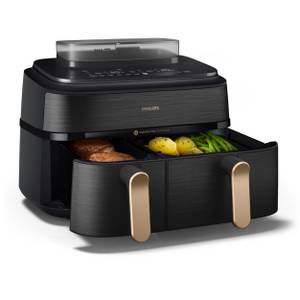 Philips Heißluftfritteuse 5000 Series NA552/00, Dual Basket mit Steam und 9L Kapazität (6L+3L), 2750 W, RapidAir Plus Technologie, Dampfreinigung, HomeID App, Schwarz/Kupfer 