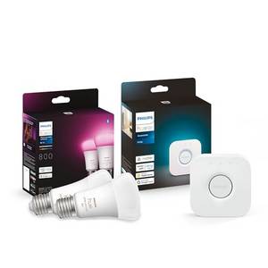  Philips Hue White and Col. Amb. LED E27 Lampen mit Hue Bridge Steuerungszentrale, 2-er Pack, 800lm, 16 Mio. Farben und Weißtöne, Steuerung per App, Schaltern, Sprache 