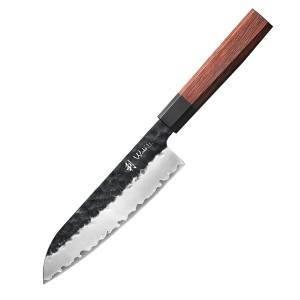 Wakoli Allzweckmesser Kensei Damast Santokumesser 18,5 cm Klinge Griff aus Redwood und Büffe 