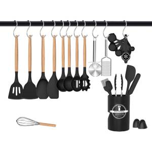 PFCTART Kochbesteck-Set 43 Stück Antihaft Hitzebeständige Silikon Kochutensilien Set (mit Holzgriff zum Backen Kochen und Mische), Beste Küchenutensilien mit Halter 