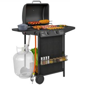 Outsunny Gasgrill inkl 3 Brenner, Seitenkocher, Rolle, BBQ Gartengrill, 7 KW Grillwagen, mit Thermometer Seitenablagen, für Balkon, Grill 107 x 54 x 96 cm 