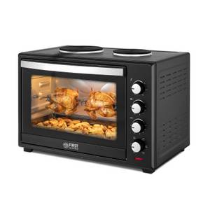 Tzs First Austria Minibackofen Mini Backofen mit Kochplatten, 60L Fassungsvermögen, 3400W, Umluft, max 230°C, Backblech, Drehspieß, Grillrost, Innenbeleuchtung 