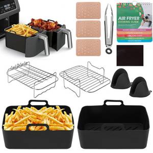 BlingBin Küchenmaschinen Zubehör-Set Air Fryer Zubehör, Silikon Air Fryer Liners für Ninja 7.6L-9.5L, Zubehör für Ninja AF400EU AF300EU AF451EU AF500EU Tower T17088 7.6L-9.5L, Dual Heißluftfritteuse Airfryer Zubehör, Enthält Kochanleitung Booklet 