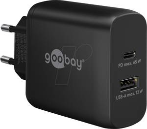 Goobay 65409 - USB-Ladegerät, 65 W, 1x USB-A, 1x USB-C (PD), GaN, schwarz 