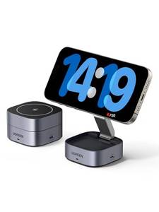  UGREEN Faltbare 2 in 1 iPhone Ladestation kompatibel mit MagSafe Ladegerät Wireless Charger für iPhone 15/15 Plus/15 Pro/15 Pro Max/14/13/12, AirPods, Winkel-Einstellbarer Ladeständer, mit 1M Kabel 