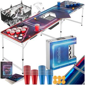 Tectake ® Bierpongtisch, aus Aluminium, mit Eisfach, Becherlöchern, LED-Beleuchtung, bodenschonende Kunststofffüße, inklusive 100 Bechern, 6 Bällen und Kartentrinkspiel 