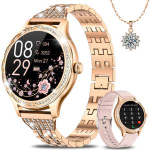 NAIXUES Smartwatch Damen mit Telefonfunktion Smartwatch (3.2 cm/1.27 Zoll, HD-Touchscreen Zoll), 2-tlg., mit SpO2 /Menstruationszyklus/Herzfrequenz/Schlafmonitor, für iOS Android, Halskette Damen 