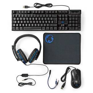 Nedis Gaming 5 in 1 Gaming Combo Kit (US Layout) Kombination aus Tastatur, Maus, Mauspad, Headset und Headset-Konverterkabel 