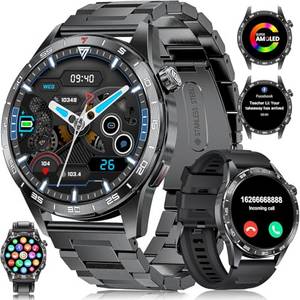  LIGE Smartwatch Herren mit Metallband für Android iOS,1.43'' Amoled Display,110+ Sportmodi,Bluetooth-Anrufe,IP68 Wasserdicht Fitnessuhr mit Herzfrequenz, SpO2, Schlafmonitor,3 Armbänder 