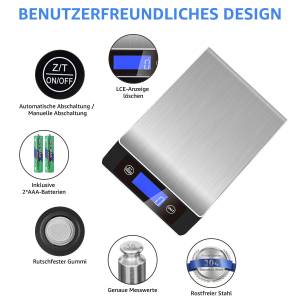 7Magic Küchenwaage Digitale Edelstahl Küchenwaage umstellbar zwischen g, kg, lb,oz und ml, bis 10 Kg Großes Display mit Hintergrundbeleuchtung,HOLD-Funktion 