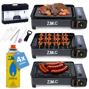 ZMC Gaskocher 2in1 Gas Kocher Campingkocher + Grillplatte + Grillgitter + 4 x Spieße, (Gaskocher Tragbarer Gasbrenner Tischgrill mit Transportkoffer für:Indoor/Outdoor, Wärmeleistung: 2,2KW), mit 4x Gaskartuschen 227g MSF-1a Gasgrill Camping Kocher Herd 