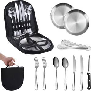 ibettertec Besteck-Set Besteck Set für 2 Personen,10 teiliges Camping Geschirr Set, Tafelmesser, Essenslöffel, Teegabeln, Aufbewahrungsbeuteln 
