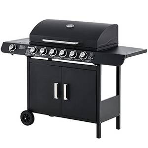  Outsunny Gasgrill BBQ Grillwagen mit 6 Brennern 1 Seitenbrenner Schrank Multifunktion Metall Schwarz 135 x 50 x 100 cm 