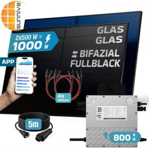 SUNNIVA ® 1000W Balkonkraftwerk BIFAZIAL FULLBLACK komplett Steckdose BENY 800W Wechselrichter, PV Solaranlage, 2x 500W Glas-Glas Solarmodule, inkl. 5m Kabel, WIFI, Komplettset 