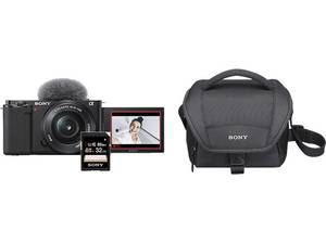  SONY Alpha ZV-E10L Kit + Tasche Speicherkarte Systemkamera mit Objektiv 16-50 mm , 7,5 cm Display Touchscreen, WLAN 