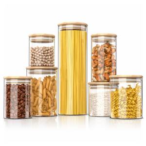 Arendo Aufbewahrungsbecher Glasbehälter-Set 0,56 bis 2,35L Borosilikat rund mit Bambusdeckel, Borosilikatglas, Bambus, Silikon, (Vorratsbehälter-Set, 7-tlg., 7er Set), Hitzebeständig, luftdicht, mikrowellengeeignet und spülmaschinenfest 