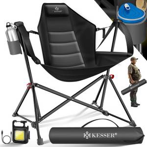 Kesser ® Campingstuhl faltbar bis 160 kg   Angelstuhl Faltstuhl Klappstuhl Gepolstert mit Armlehnen   Campinglicht und Getränkehalter + Tasche mit hoher Rückenlehne   Strandstuhl mit Wippfunktion 