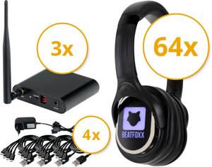Beatfoxx SCPS-643 USB-C Silent Disco V2 Party Set mit 64 Kopfhörern & 3 Sendern Funk-Kopfhörer (Wireless Stereo Kopfhörer für Silent Disco-Anwendungen, UHF-Technik, 3 empfangbare Kanäle) 