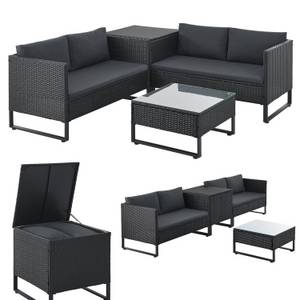 Juskys Polyrattan Lounge Santorini - Outdoor Sitzecke mit Beistelltisch & Auflagenbox - Schwarz 