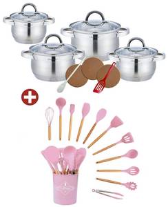 KESSMANN Topf-Set 4 Kochtöpfe, 4 Deckel & Küchen Zubehör + Kochbesteck Set 12 teilig, Edelstahl 18/10 (1 Pfannenwender, 3 Kork Untersetzer, 1 Kochlöffel Antihaftbeschichtet, 25-tlg., Organizer Kochutensilien Küchenhelfer Set Kochgeschirr), Schneebesen, Ke 