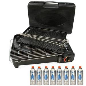ZMC Gaskocher 2in1 Gas Kocher Campingkocher + Grillplatte + Grillgitter + 4 x Spieße, (Gaskocher Tragbarer Gasbrenner Tischgrill mit Transportkoffer für:Indoor/Outdoor, Wärmeleistung: 2,2KW), mit 8x Gaskartuschen 227g MSF-1a Gasgrill Camping Kocher Herd 