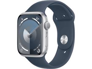  APPLE Watch Series 9 GPS, 45 mm, Smartwatch Aluminium Fluorelastomer, 130 - 180 Silber/Sturmblau 