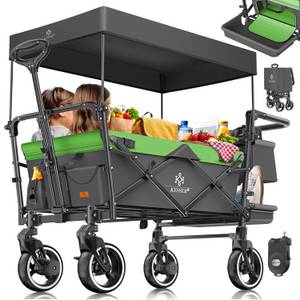 Kesser ® Bollerwagen Faltbar GTS-9100 mit Dach Handwagen Transportwagen klappbar inkl. 2x 3-Punkt Gurtsystem 360° Vollgummi-Reifen & Innenraumverlängerung Vorder- und Hinter-Bremse + Tragetasche... Anthrazit / Neon Grün 