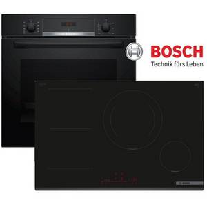 Bosch Induktions Herd-Set Kochfeld Serie 6 Autark Herdset Backofen Schwarz + Kochfeld Induktion 80cm, mit 1-fach-Teleskopauszug, Kindersicherung, Teleskop, Timer, Versenkbare Drehregler, 3-D Umluft 