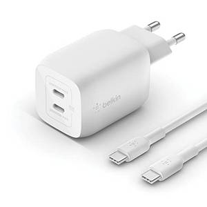  Belkin 65-W-USB-C-Ladegerät mit 2 Ports und USB-C/C-Kabel, Schnellladen Power Delivery 3.0 GaN-Technologie für iPhone 13, 12, Pro, Pro Max, Mini, iPad MacBook, Galaxy, Tab, WCH013vf2MWH-B6 