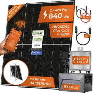 Solarway 870W Balkonkraftwerk 800W Komplett Steckdose mit 1,6kWh Anker Speicher - Ausgang einstellbar 600/800W - 2x435W Bifaziale Glas/Glas Full Black JaSolar-Module, Wechselrichter mit APP&WiFi 