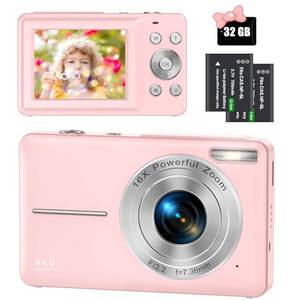  Digitalkamera 44MP 1080P FHD Fotokamera Kompaktkamera 16X Digitalzoom Fotoapparat mit 32GB Speicherkarte, Digital Kamera für Kinder, Teenager, Anfänger, Jungen, Mädchen(Rosa) 