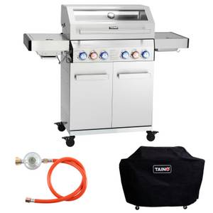 Taino Gasgrill PLATINUM YAMARA 4+2 + Haube, Spar-Set, Grillwagen, Sear-Zone, 4 Brenner, Silber 