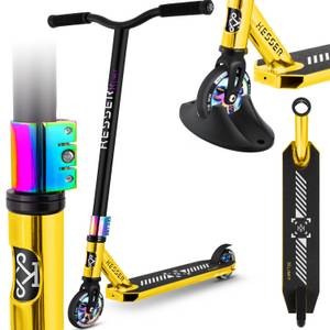 Kesser ® Stunt Scooter X-Limit-Pro 360° Lenkung Funscooter Stuntscooter mit Ständer ABEC 9 Kugellagern, 110 mm PU Räder , Kickscooter Tretroller Cityroller Trick Roller für Kinder Erwachsene... Chrome / Gold 