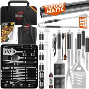 Kesser Grillbesteck-Set, (Grillzubehör Set mit Grillzange, Grillwender, 4in1 Grillspatel, Grillgabel, Grill-Spieß, Thermometer, Korkenzieher, Grillmatte & Tasche, 37 tlg), BBQ Profi Grillset aus rostfreiem Edelstahl 