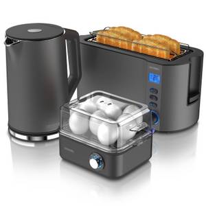 Arendo Frühstücks-Set (3-tlg), Wasserkocher 1,5l, 4-Scheiben Toaster, 8er Eierkocher, Grau 