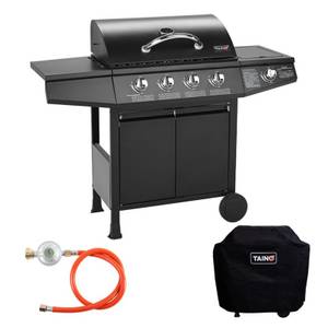 Taino Gasgrill »BASIC 4+1«, Set, Gasgrill mit Gasdruckminderer, Gasschlauch und Abdeckhaube, Piezozündung, 4 Brenner aus Edelstahl, Seitenkocher, Thermometer, emailliertes Grillrost 