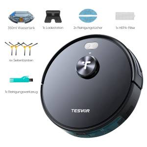 Tesvor Saugroboter mit Wischfunktion Staubsauger roboter 6000Pa Lasernavigation 260min, Mit 600ml Staubbox beutellos,mit 350ml Wassertank,6000Pa 