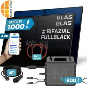 SUNNIVA ® 1000W Balkonkraftwerk BIFAZIAL FULLBLACK komplett Steckdose MARSTEK 800W Wechselrichter, PV Solaranlage, 2x 500W Glas-Glas Solarmodule, inkl. 5m Kabel, Bluetooth WIFI, Komplettset 