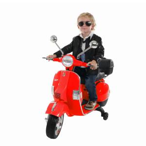 Actionbikes Motors Kinder-Elektroroller Vespa, lizenziert, EVA-Reifen, LED-Scheinwerfer, Koffer, Soundmodul, Stützräder (Rot) 