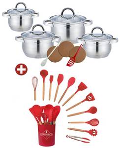 KESSMANN Topf-Set 4 Kochtöpfe, 4 Deckel & Küchen Zubehör + Kochbesteck Set 12 teilig, Edelstahl 18/10 (1 Pfannenwender, 3 Kork Untersetzer, 1 Kochlöffel Antihaftbeschichtet, 25-tlg., Organizer Kochutensilien Küchenhelfer Set Kochgeschirr), Schneebesen, Ke 