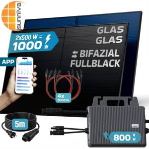SUNNIVA ® 1000W Balkonkraftwerk BIFAZIAL FULLBLACK komplett Steckdose TSUN 800W Wechselrichter, PV Solaranlage, 2x 500W Glas-Glas Solarmodule, inkl. 5m Kabel, Bluetooth WIFI, Komplettset 
