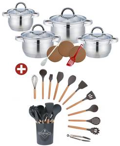 KESSMANN Topf-Set 4 Kochtöpfe, 4 Deckel & Küchen Zubehör + Kochbesteck Set 12 teilig, Edelstahl 18/10 (1 Pfannenwender, 3 Kork Untersetzer, 1 Kochlöffel Antihaftbeschichtet, 25-tlg., Organizer Kochutensilien Küchenhelfer Set Kochgeschirr), Schneebesen, Ke 