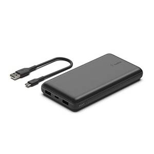  Belkin tragbares USB-C-Ladegerät, 20.000 mAh, 20K Powerbank mit USB-C-Ein-/Ausgang und 2 USB-A-Anschlüssen mit USB-C/USB-A-Kabel für iPhone, Galaxy und andere Geräte - Schwarz 