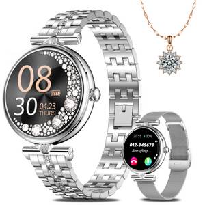 NAIXUES Smartwatch Damen mit Telefonfunktion & Zirkonia-Halskette Smartwatch (3.25 cm/1,28 Zoll, AMOLED HD Voll Touch Screen) Armbanduhr mit SpO2 Pulsuhr Menstruationszyklus, Schlafmonitor Schrittzähler Kalorien Fitness Tracker, IP68 Wasserdicht für iOS/A 